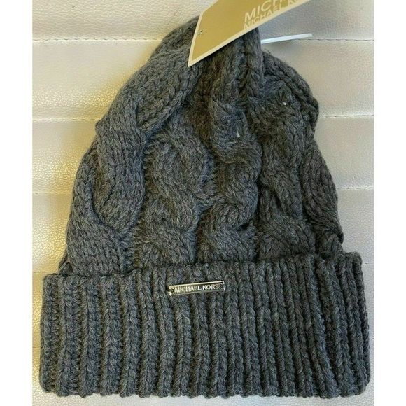Michael Kors 538241C Women’s One Size Grey Cable Knit Cuff Beanie Hat Cap $48+ - Picture 2 of 3